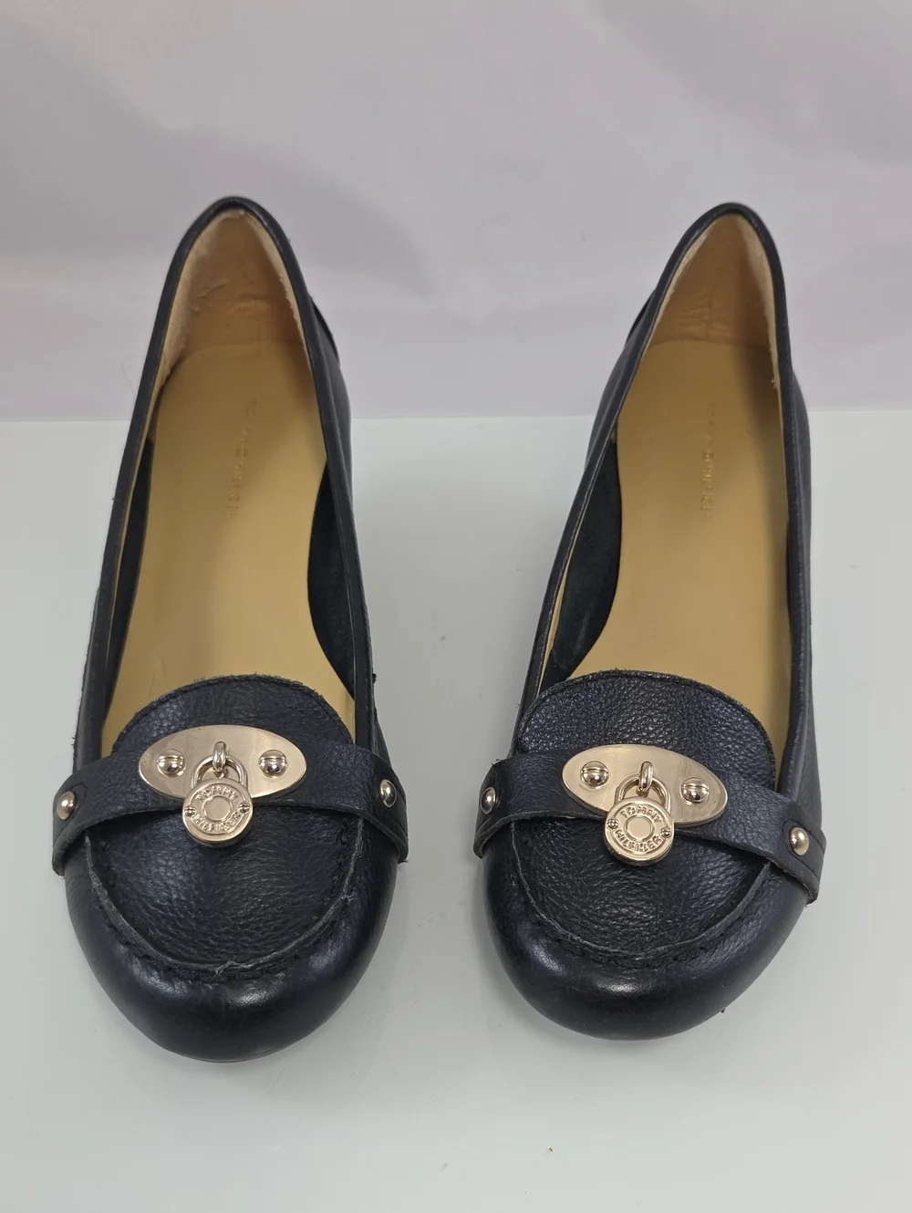 Tommy Hilfiger Black Leather Wedge Loafers with Gold Emblem Size 8.5
